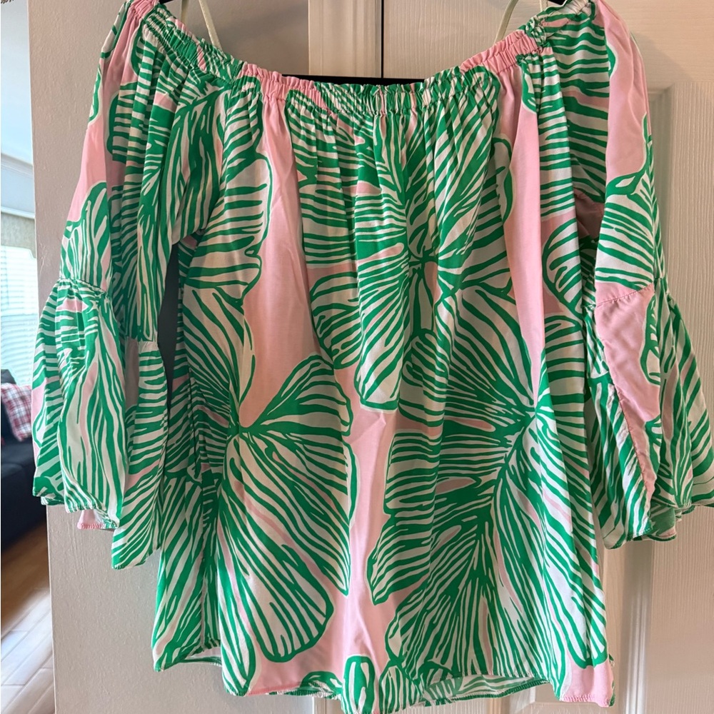 Lilly Pulitzer Green and Pink Leaf Print Off-Shoulder Top